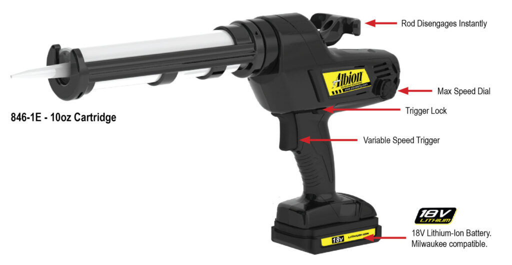 Albion Engineering's 846-1E 10oz Cartridge Gun Diagram - 18 Volt Heavy Duty