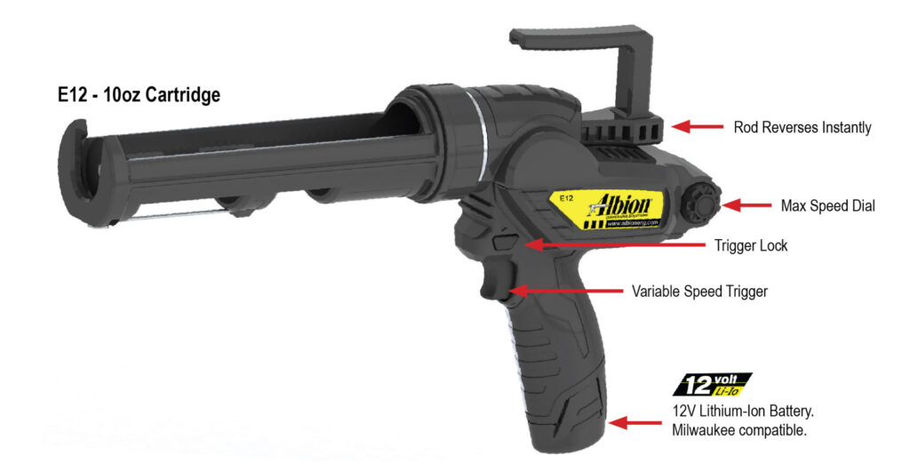 Albion Engineering's E12 10oz 12 Volt Standard Duty Cartridge Gun Diagram